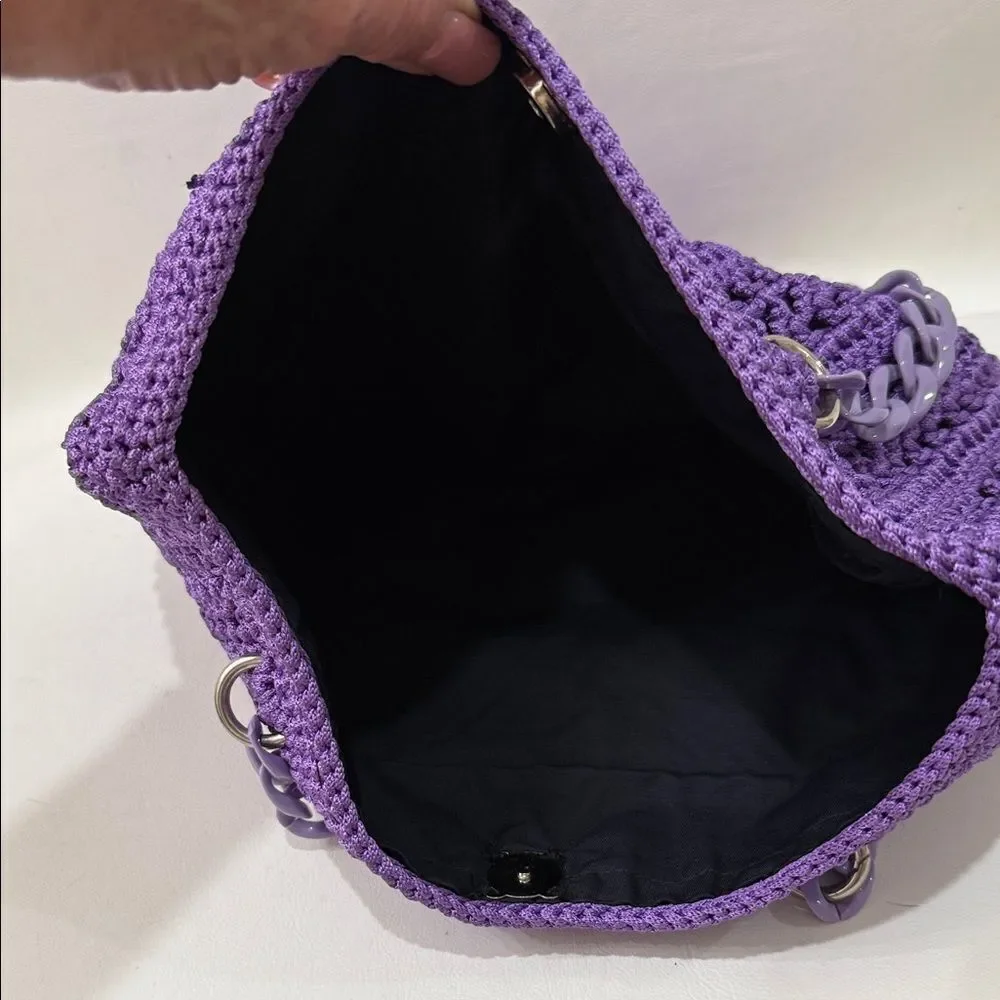 Elegant Purple Crochet Shoulder Bag 12 X 12 In Black Lining Silver Snap Closure